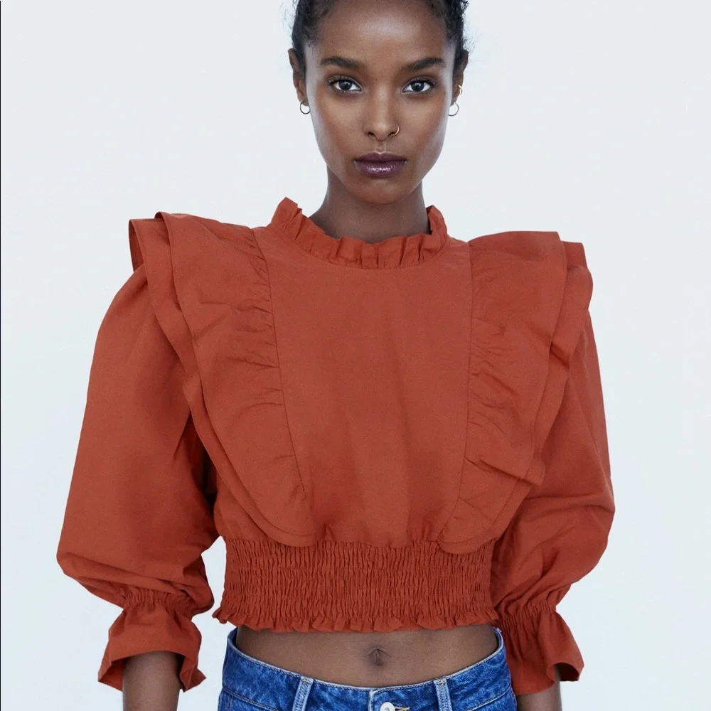 ZARA - RUFFLED POPLIN SHIRT - Burnt Orange - Picture 3 of 11
